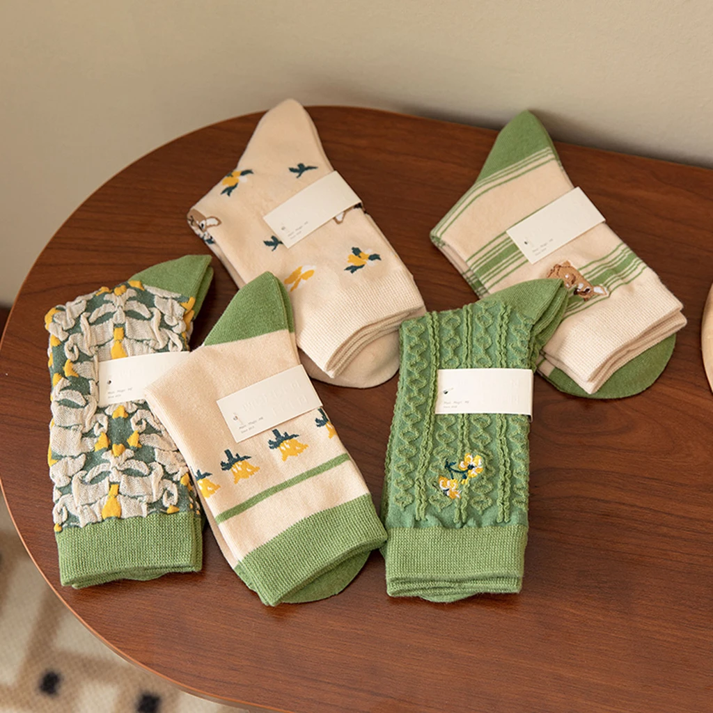 【五双装】精梳棉袜透气绿清新复古中长袜筒女袜袜子