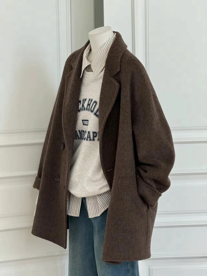 2025年秋冬咖色穿搭高级设计感双面羊毛通勤气质小西装毛呢外套