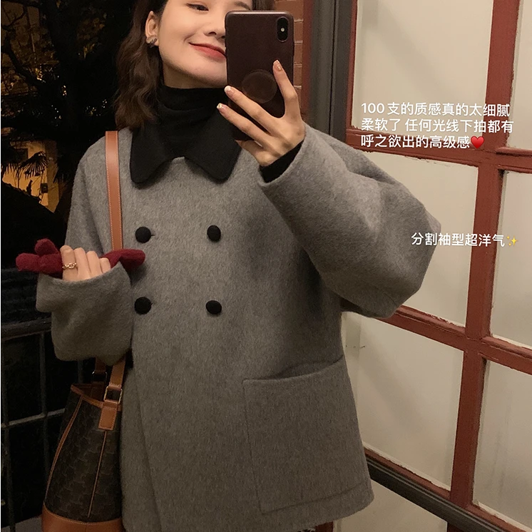 灰色短款小个子双面呢羊驼毛大衣女秋冬新款双排扣洋气轻奢外套