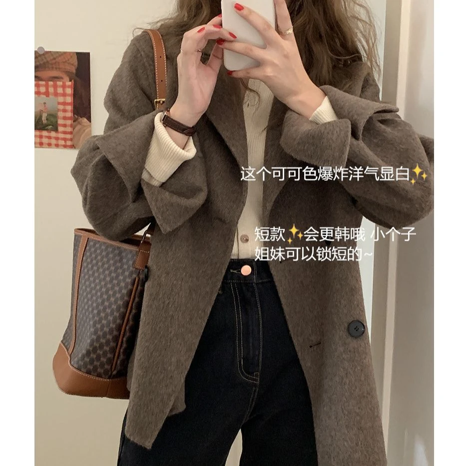 短款双面手工羊毛大衣女2025新款羊驼绒宽松长袖双排扣毛呢外套