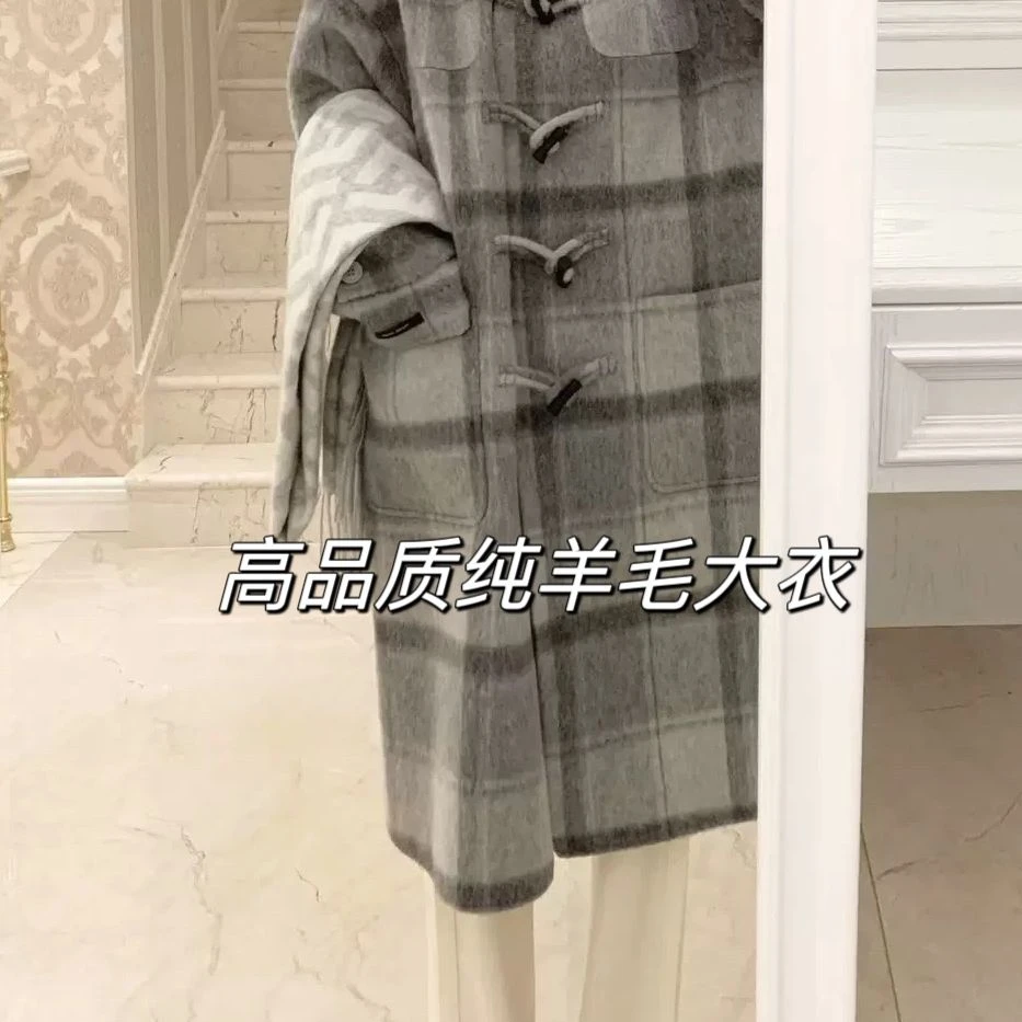 2024新款韩系连帽中长款高级感手缝双面羊绒大衣纯羊毛时尚外套女
