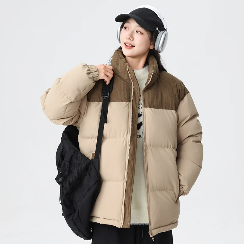 冬季新款拼接灯芯绒棉服男女同款时尚百搭情侣保暖舒适立领外套