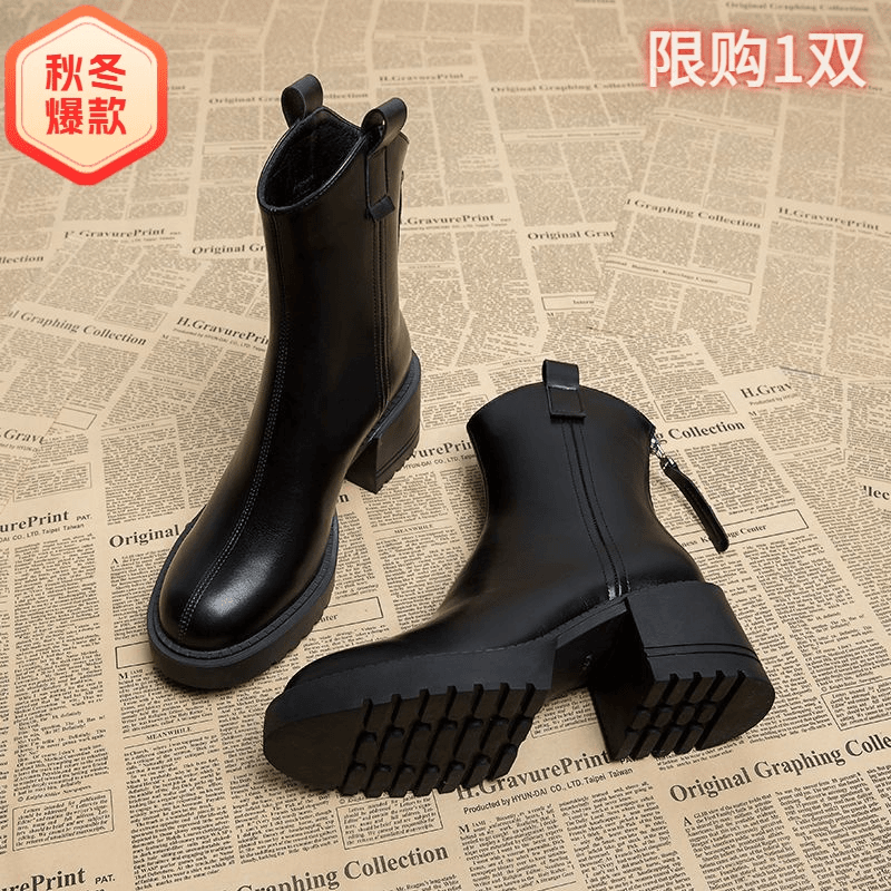 切尔西软皮高跟马丁靴2023秋冬季新款百搭气质粗跟爆款YI