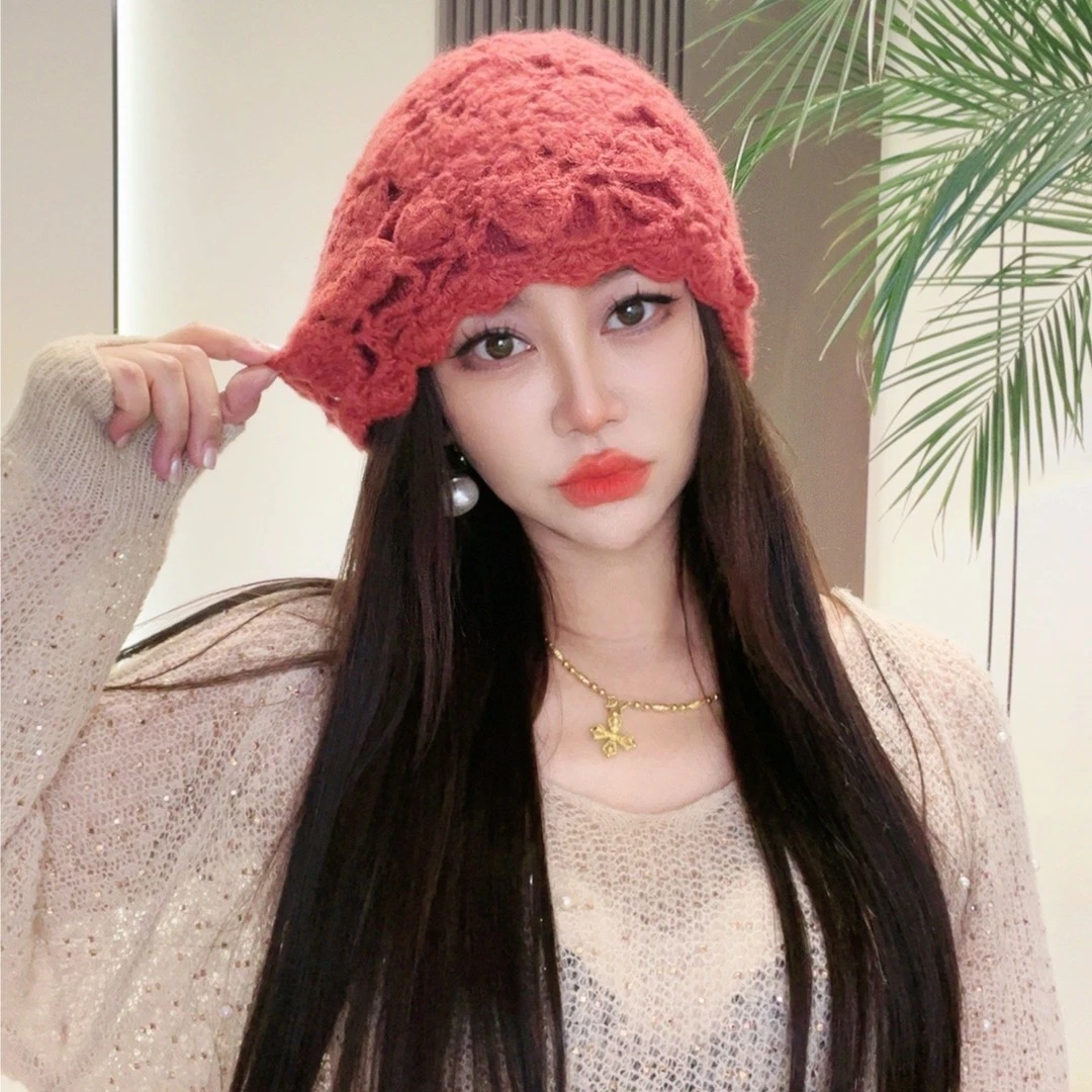 秋冬新款【六角星】马海线针织大花双层编织韩版保暖网红针织包头帽