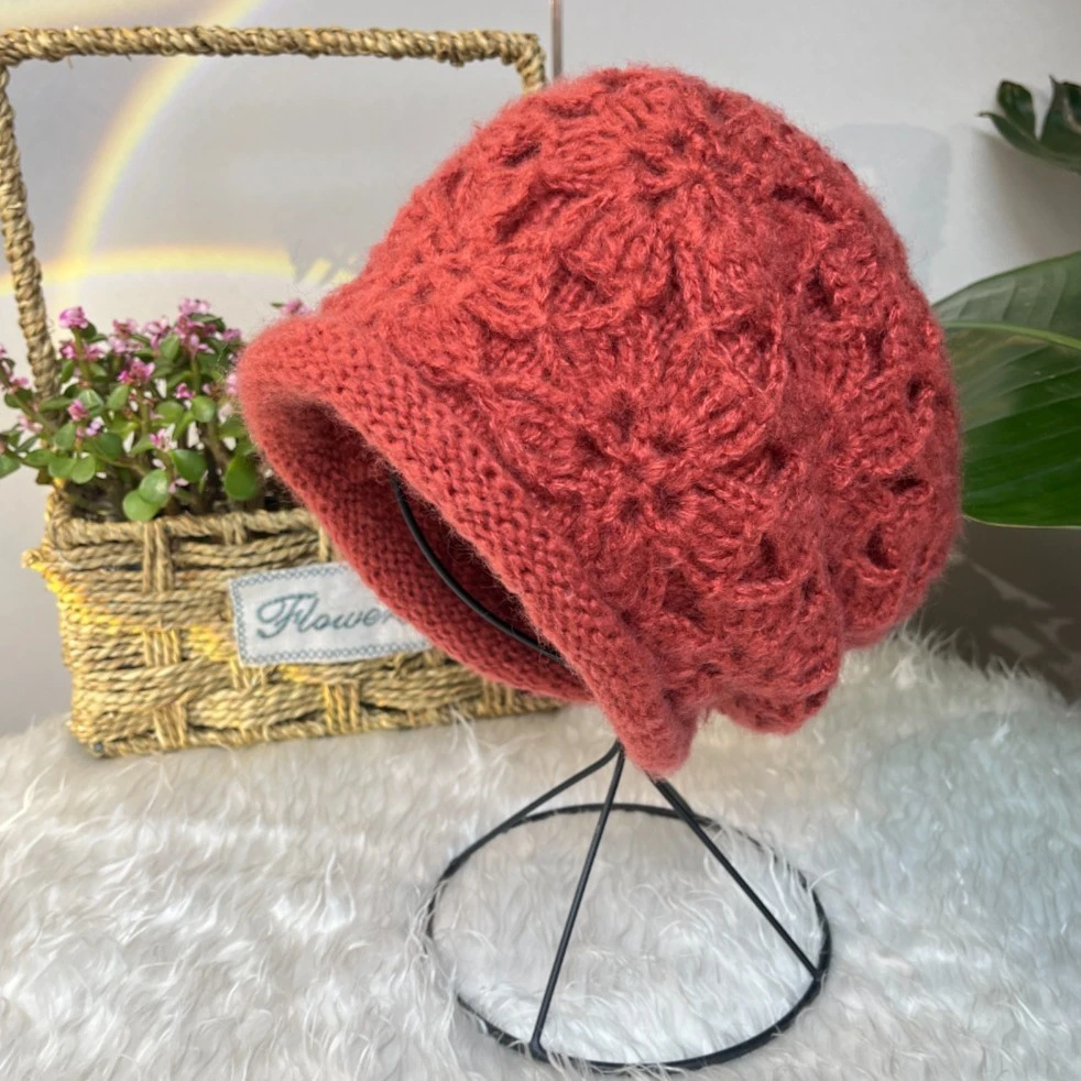 秋冬新款马海线卷边双层芙蓉花立体针织堆堆帽保暖显脸小毛线帽女