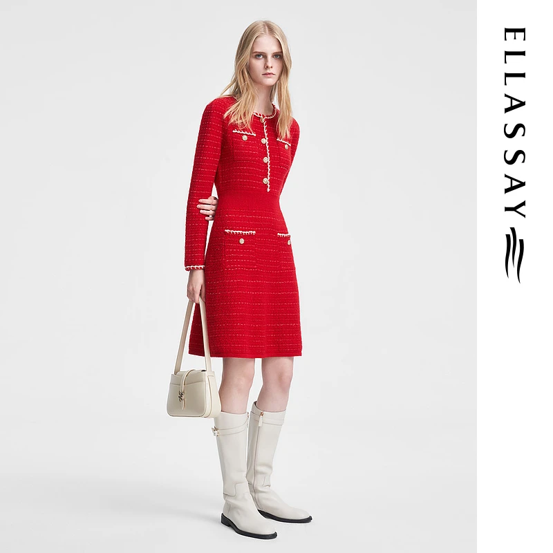 【龙年穿搭】ELLASSAY歌力思2024春款绵羊毛千金针织连衣裙女EWV351