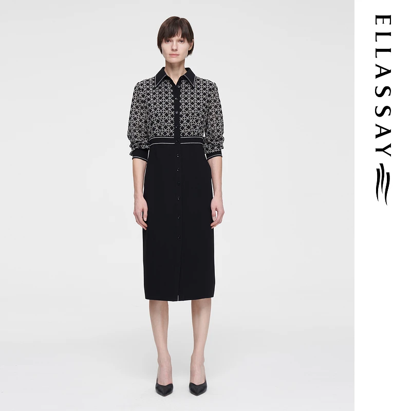 ELLASSAY歌力思早春欧若智性风绣花中长款连衣裙EWF351Y1