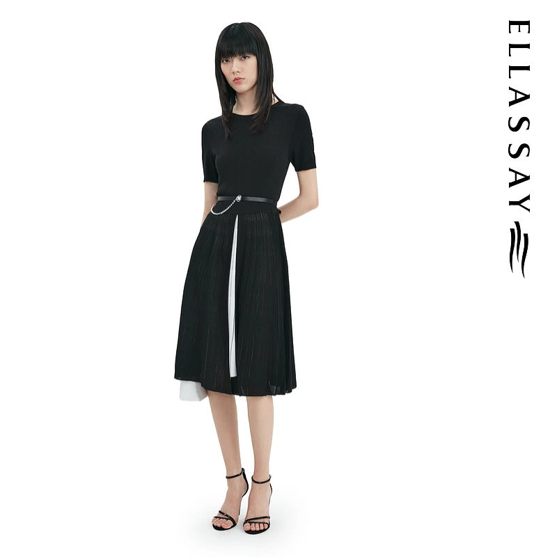 丁达尔穿搭歌力思夏新款时尚拼接针织百褶裙连衣裙女EWF332M05000