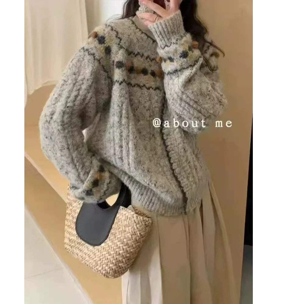 【灵灵定制】费尔岛~北欧风 花纱毛衣外套女新款宽松针织开衫A810