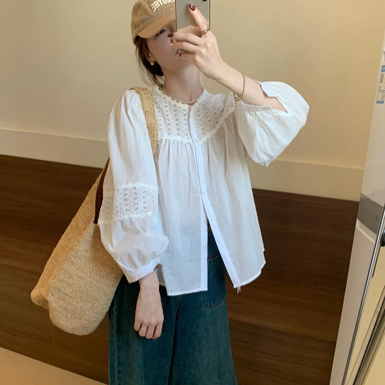 宽松薄款韩系钩花衬衫2025春季新款百搭甜美气质休闲长袖上衣衬衣