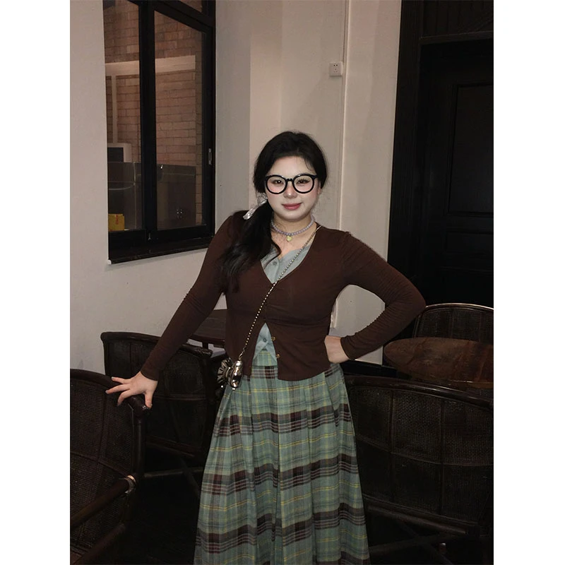 菠菜微胖定制【暗恋青梅】假两件针织上衣+复古绿色格纹BBC087