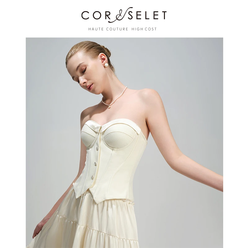小鱼专属CORSELET白色小香风珍珠扣收腰显瘦鱼骨胸衣