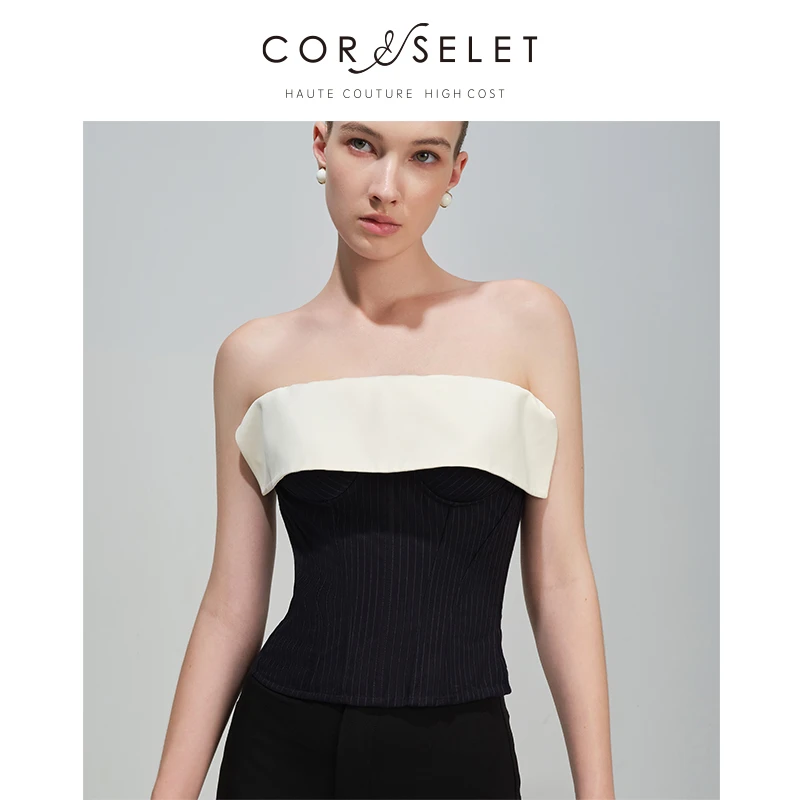 孟子义同款CORSELET荷叶边翻领竖条纹抹胸鱼骨胸衣短款