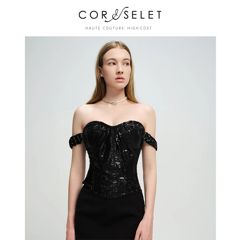 CORSELET黑色亮面抹胸鱼骨胸衣一字肩短款时尚修身轻奢法式