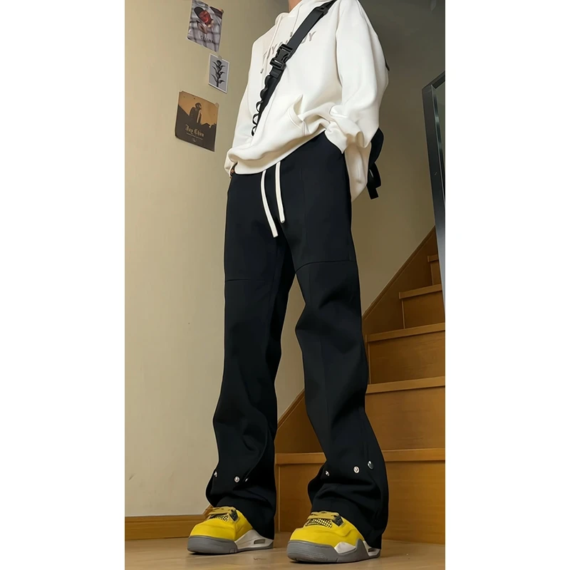 黑色排扣牛仔裤男款夏季抽绳款高街vibe裤子美式百搭直筒微喇长裤