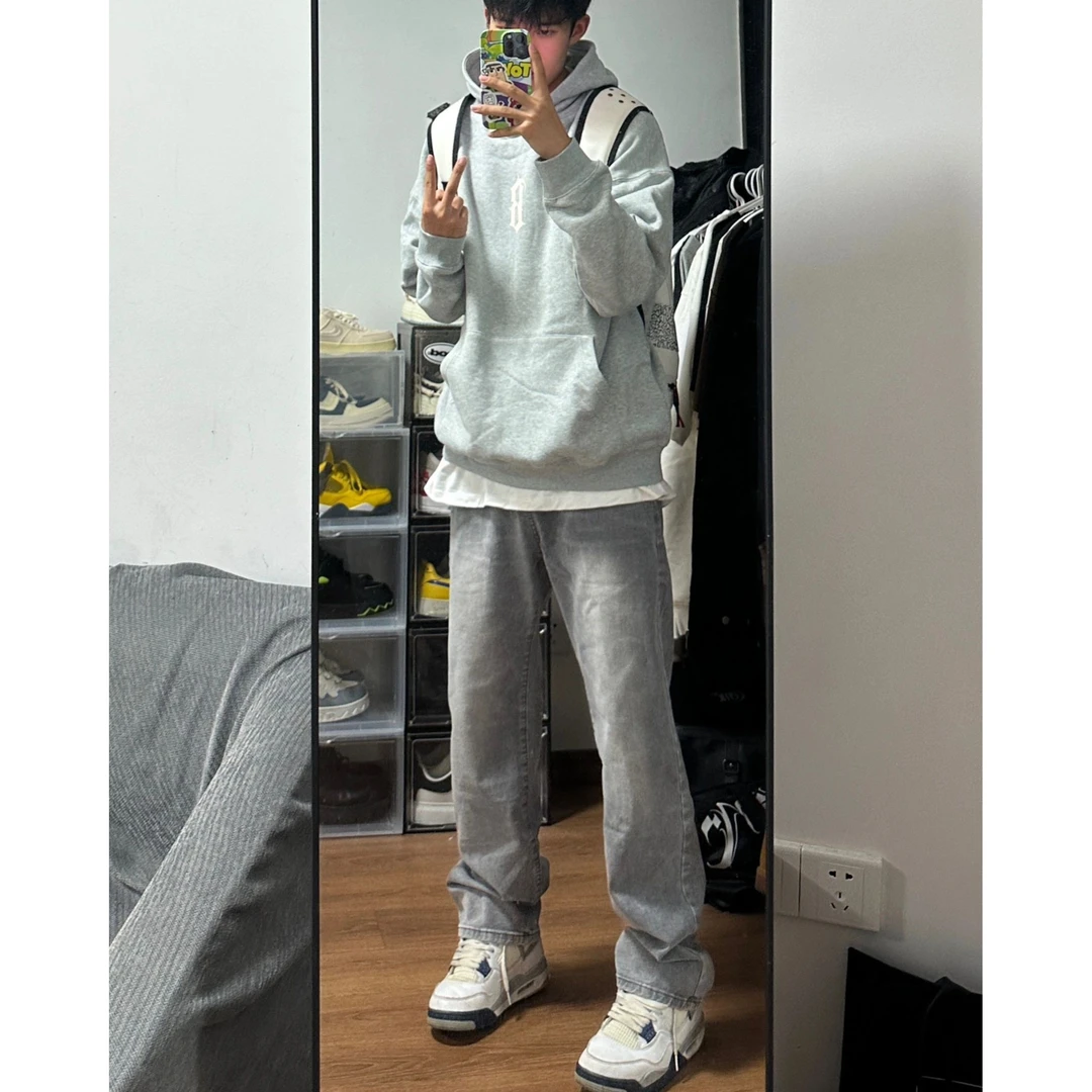 美式水洗烟灰色牛仔裤男春秋季新款高街潮牌窄版宽松微喇长裤子