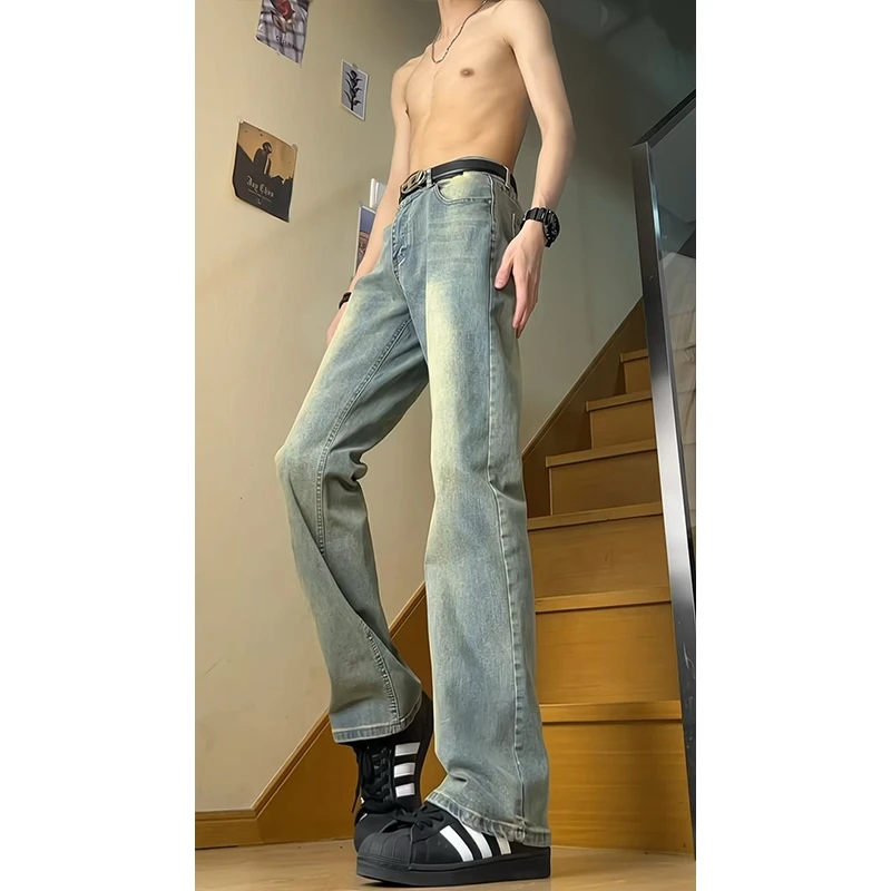 美式高街裤子男款夏季薄款水洗微喇牛仔裤vibe潮牌复古做旧直筒裤