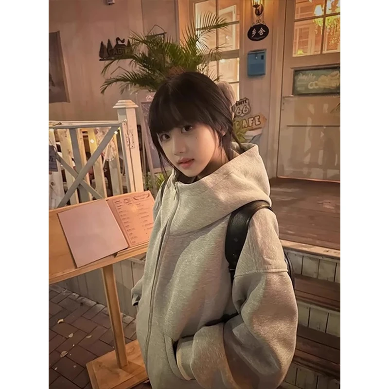 浅灰色连帽卫衣开衫男款秋冬情侣装重磅硬挺拉链cleanfit美式外套