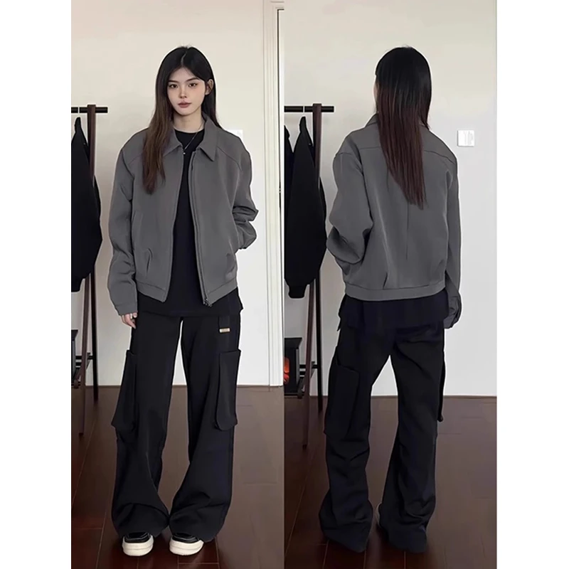 深灰色短款外套男款春秋cleanfit潮牌设计感痞帅炸街翻领飞行夹克