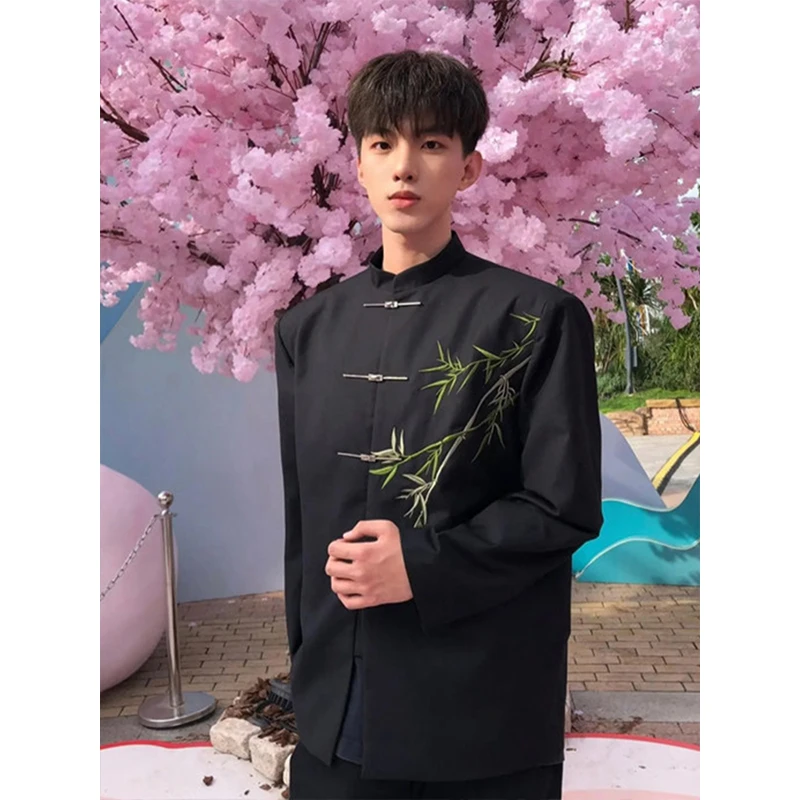 新中式男装中国风立领垫肩西装外套男夏季改良中山装竹叶刺绣唐装