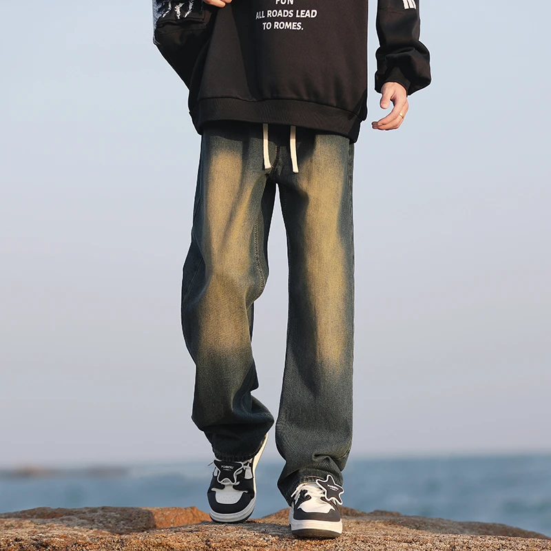 水洗复古蓝牛仔裤男款高街美式hiphop裤子潮流抽绳vibe宽松直筒裤
