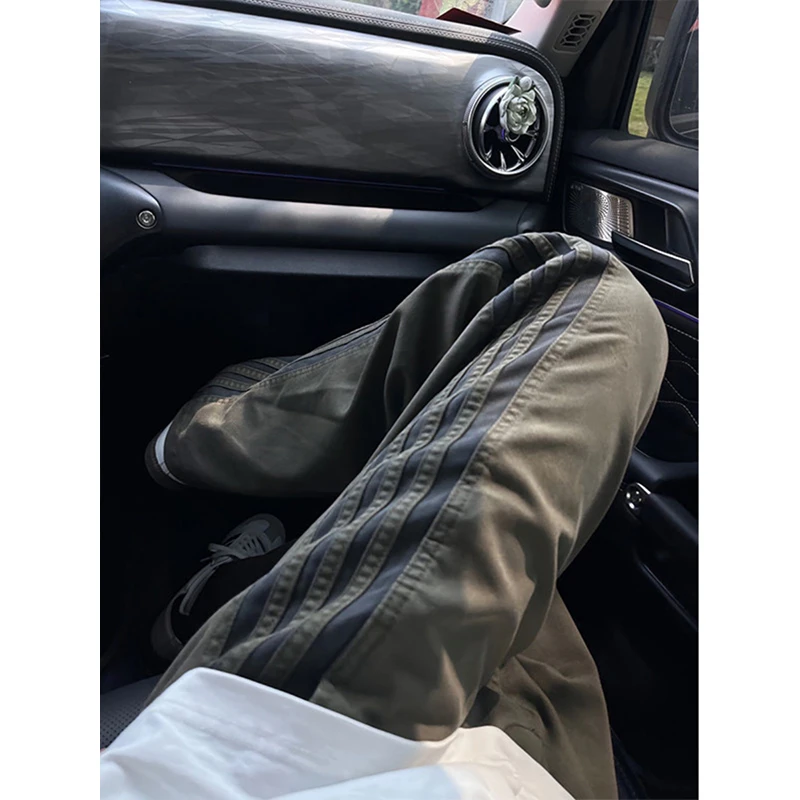 三道杠条纹裤子男款秋冬季美式高街运动休闲裤军绿色直筒工装裤潮