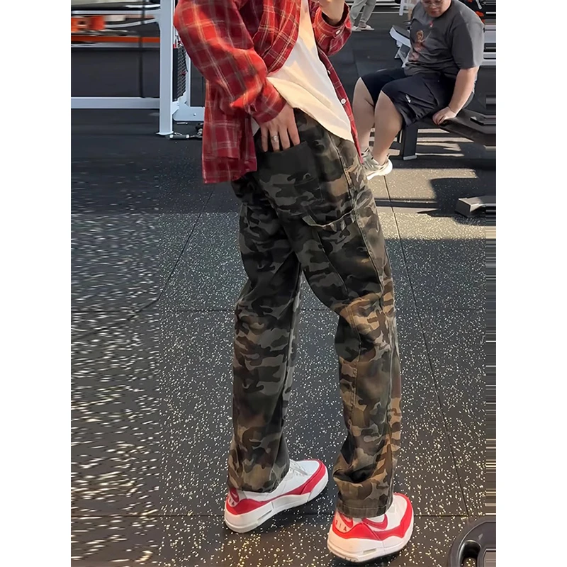弯刀迷彩牛仔裤男春秋季显瘦美式复古工装裤直筒vintage伐木裤子