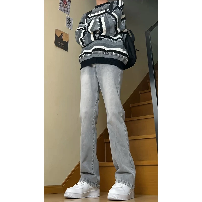美式cleanfit牛仔裤男秋日穿搭vibe风弯刀黑色裤子显瘦直筒微喇裤