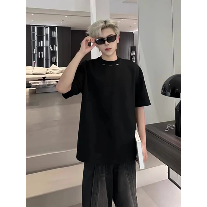 cleanfit重磅垫肩短袖男夏季金属装饰设计感小领口t恤高克重半袖