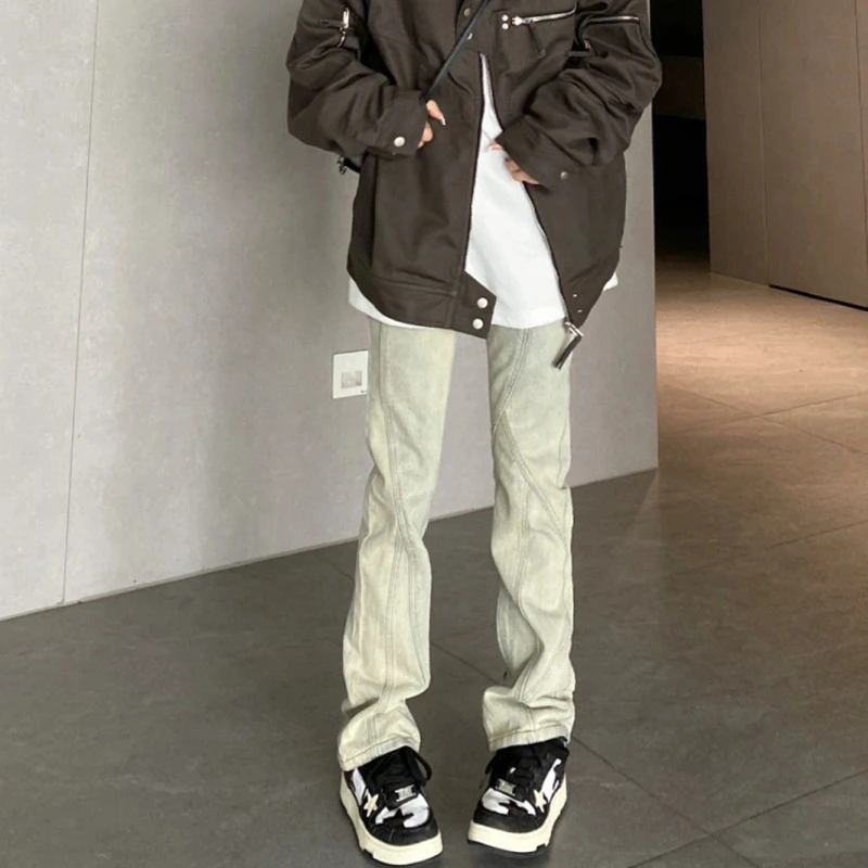 美式复古vibe裤子高街潮牌水洗黄泥染牛仔裤男修身显瘦直筒微喇裤