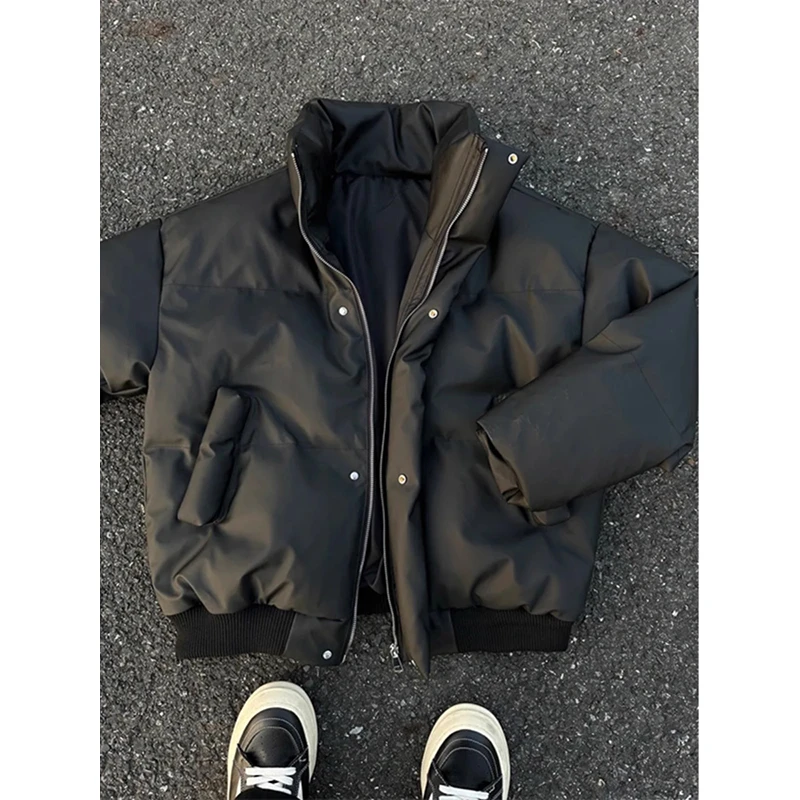 美式防水皮面棉服男款冬季加厚棉衣cleanfit高级感痞帅立领面包服