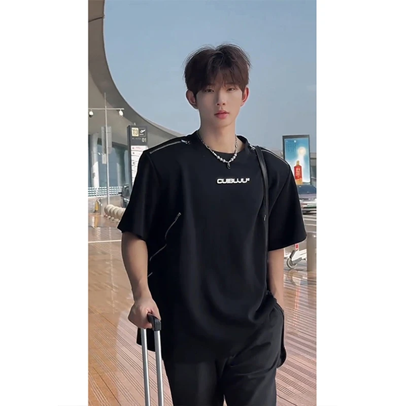 黑色多拉链垫肩T恤男款夏季金属设计感半袖欧美潮牌重工短袖上衣