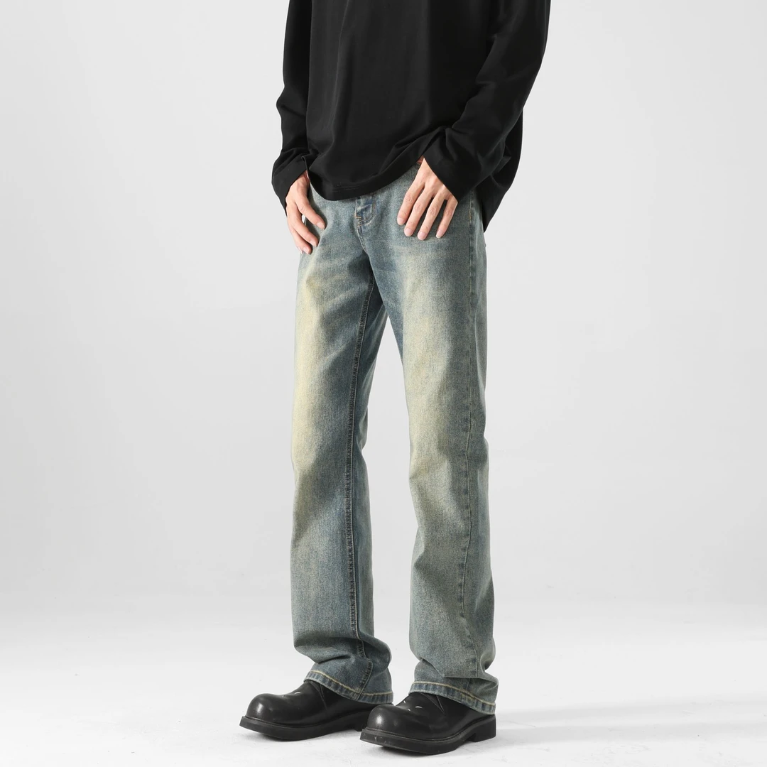 水洗做旧微喇牛仔裤男款cIeanfit弯刀裤子美式潮牌复古百搭直筒裤