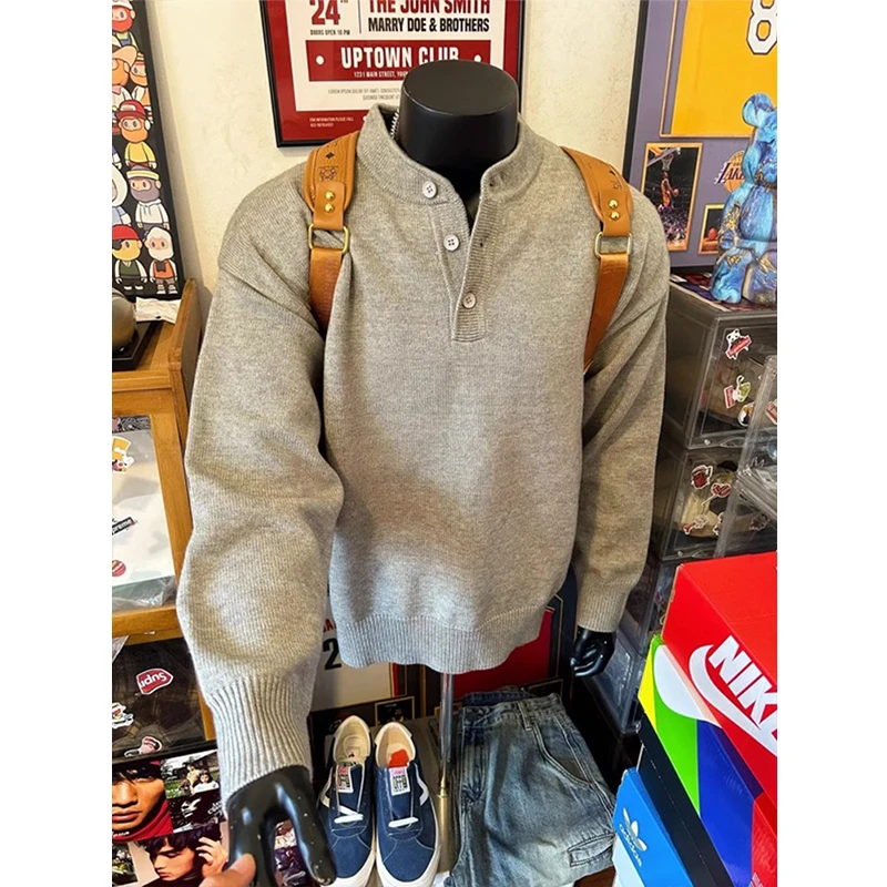 花灰色复古亨利领毛衣男冬季高级感美式慵懒风cleanfit内搭针织衫