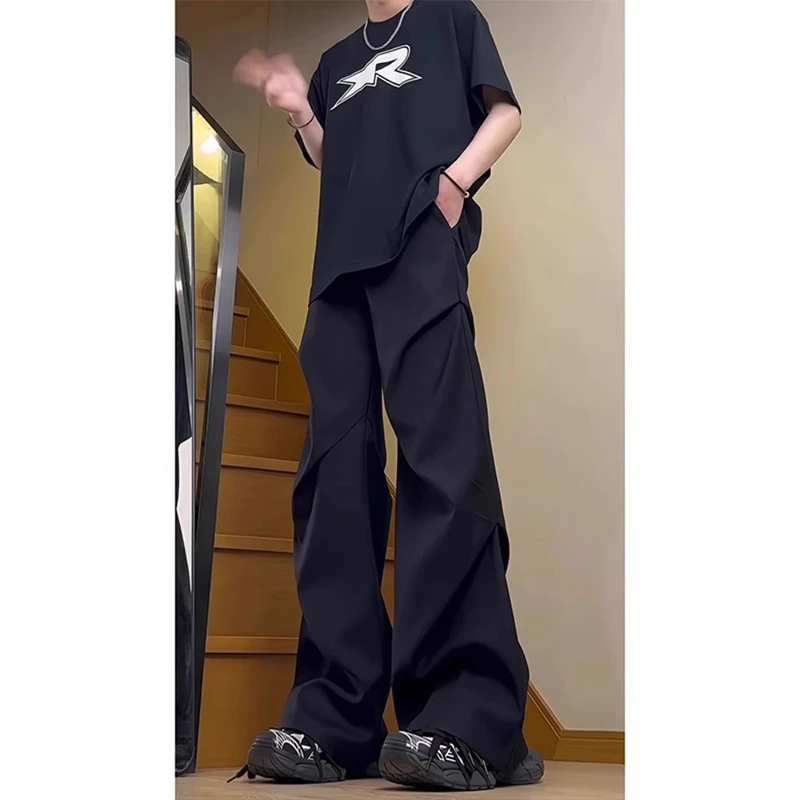 cleanfit裤子男款小众设计感直筒褶皱阔腿西裤高街美式vibe微喇裤