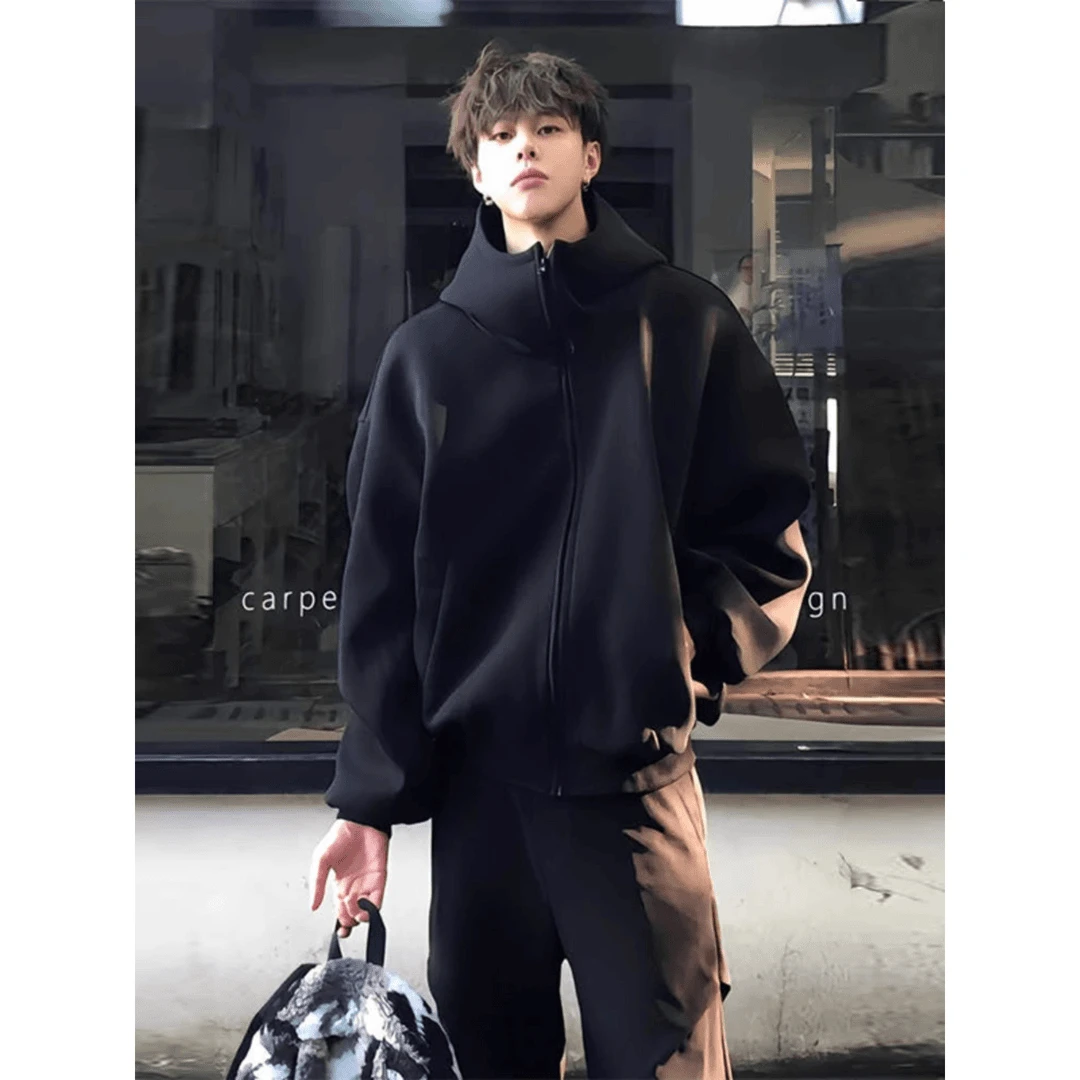 黑色cleanfit廓形重磅开衫卫衣男春秋连帽衫美式高街潮牌痞帅外套