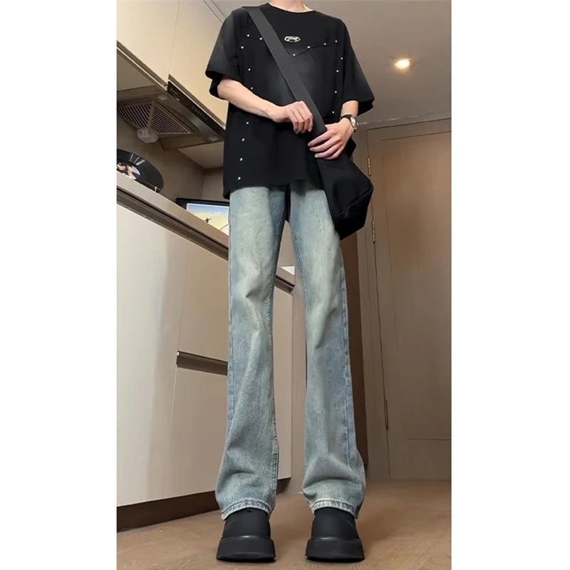 复古蓝牛仔裤男夏季薄款美式vibe裤子高街提档版型修身微喇直筒裤