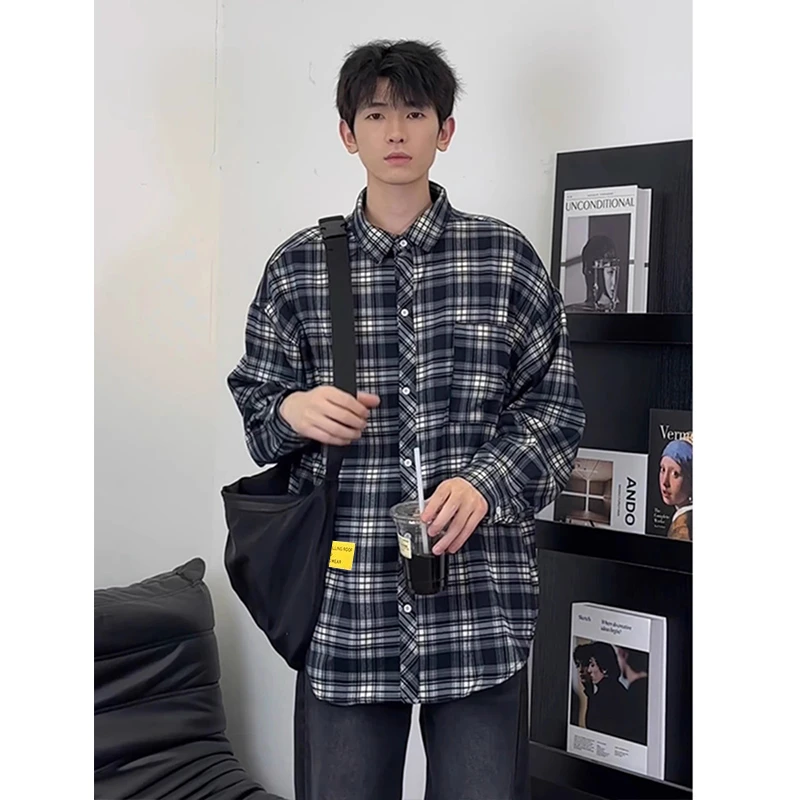 美式复古藏蓝色格子衬衫男生韩系穿搭ootd正肩外套高级感长袖衬衣