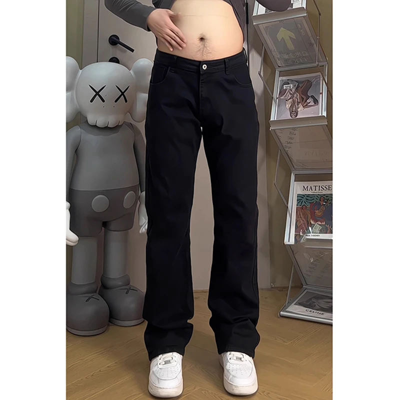 黑色弯刀牛仔裤男款加绒微胖男生穿搭秋冬裤子显瘦弹力美式微喇裤