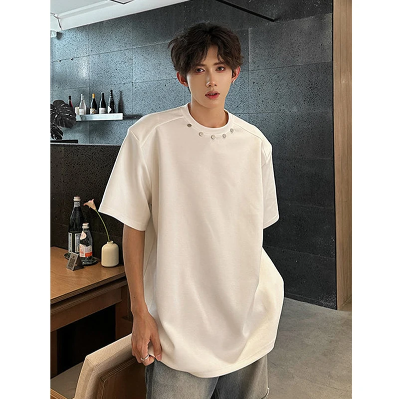 重磅金属扣设计师t恤美式小领口短袖男款cleanfit高级感痞帅半袖