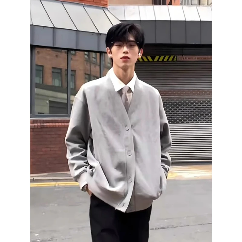 浅灰色卫衣开衫外套男款春秋美式慵懒风高级感韩系氛围感穿搭夹克