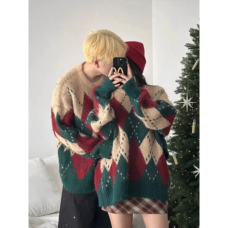 菱格圣诞毛衣男秋冬韩系慵懒风氛围感穿搭情侣拼接撞色套头针织衫