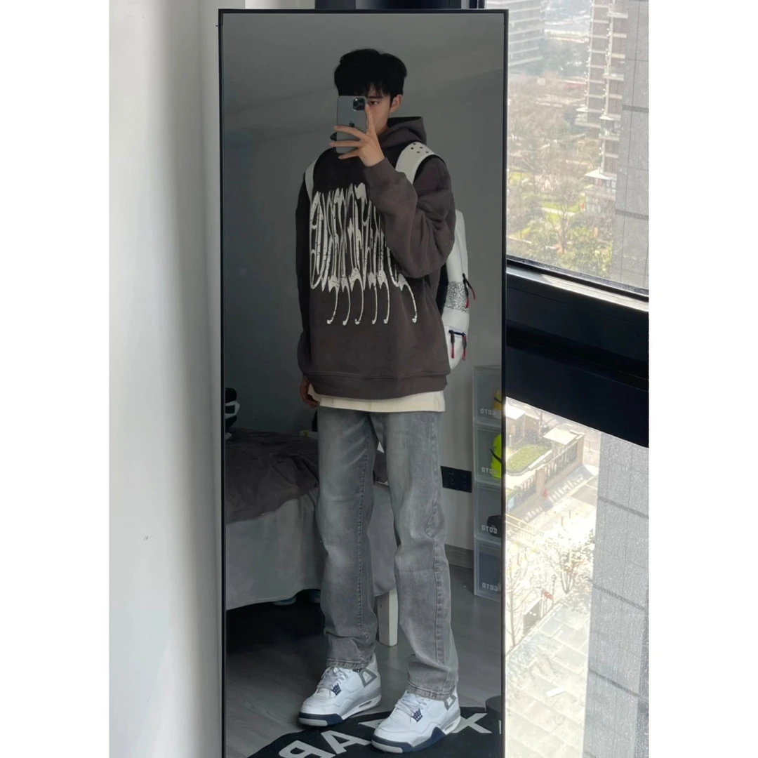 美式vibe裤子高街潮牌cleanfit烟灰色牛仔裤男修身显瘦直筒微叭裤