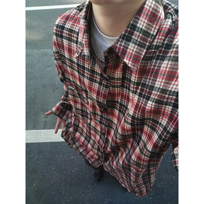 vintage红色格子衬衫男款长袖春秋季美式复古衬衣设计感情侣外套