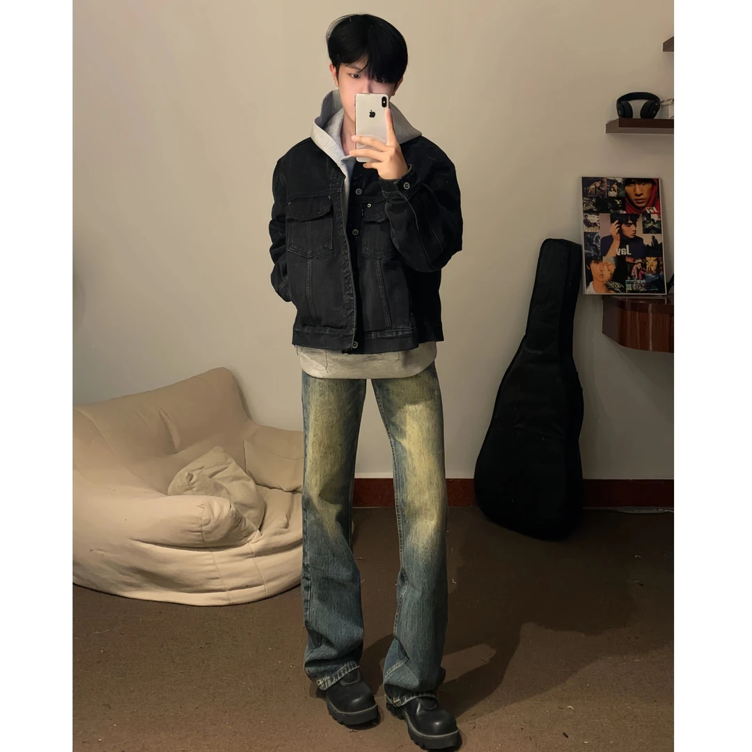 美式复古vibe裤子水洗做旧藏青色牛仔裤男直筒修身cleanfit微喇裤