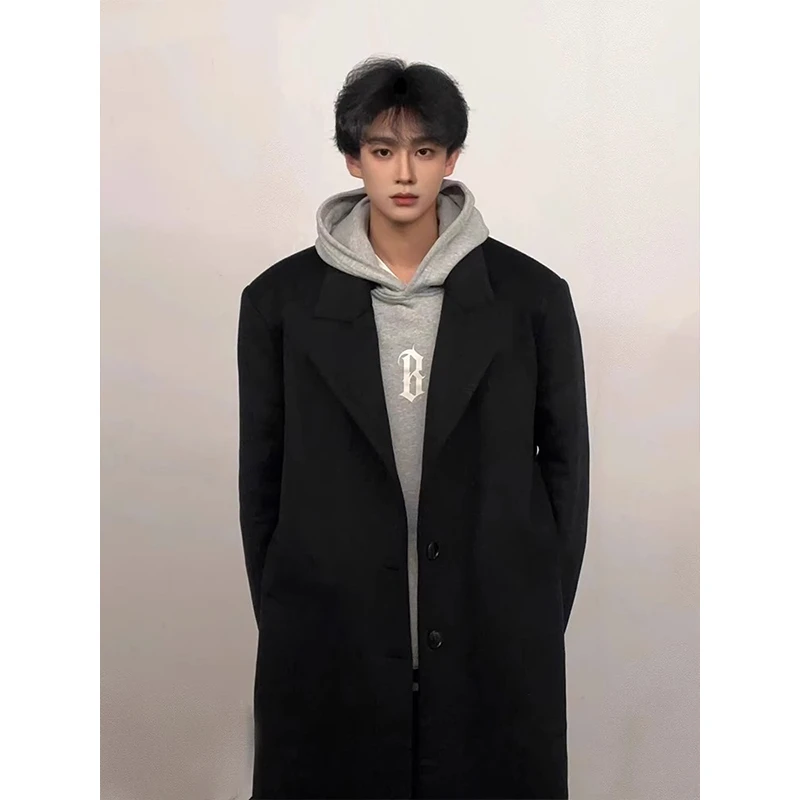 cleanfit黑色毛呢大衣男秋冬季加厚高级感英伦风衣中长款呢子外套
