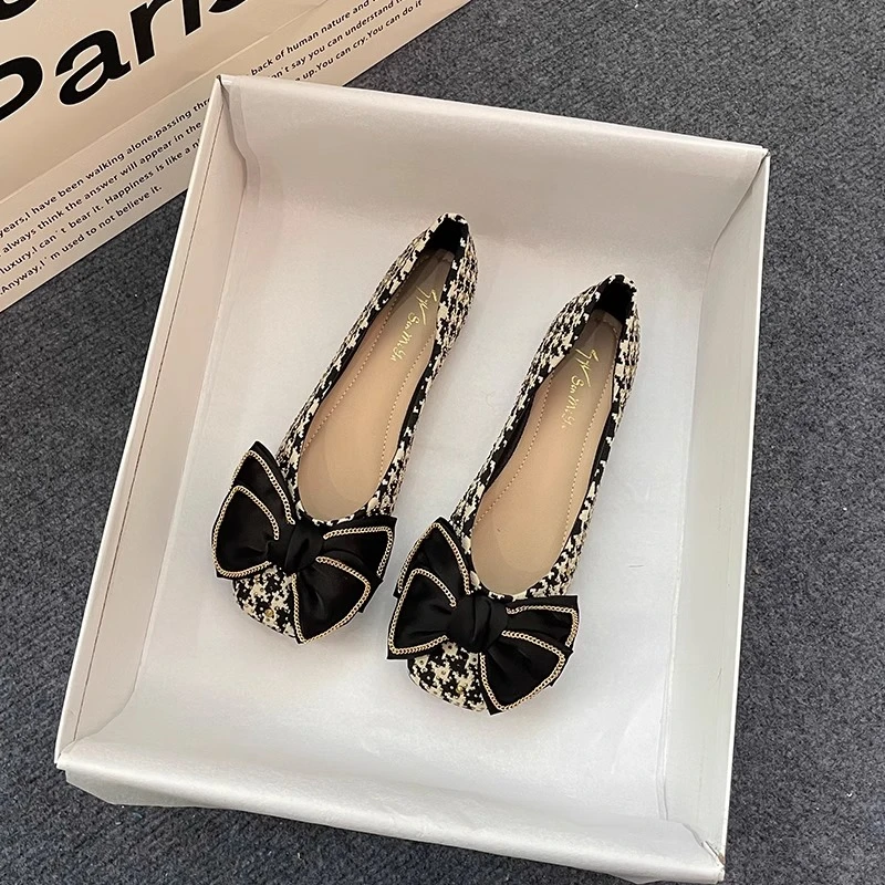 千鸟格单鞋女平底2025新款烫钻浅口软底豆豆鞋蝴蝶结方头时尚瓢鞋