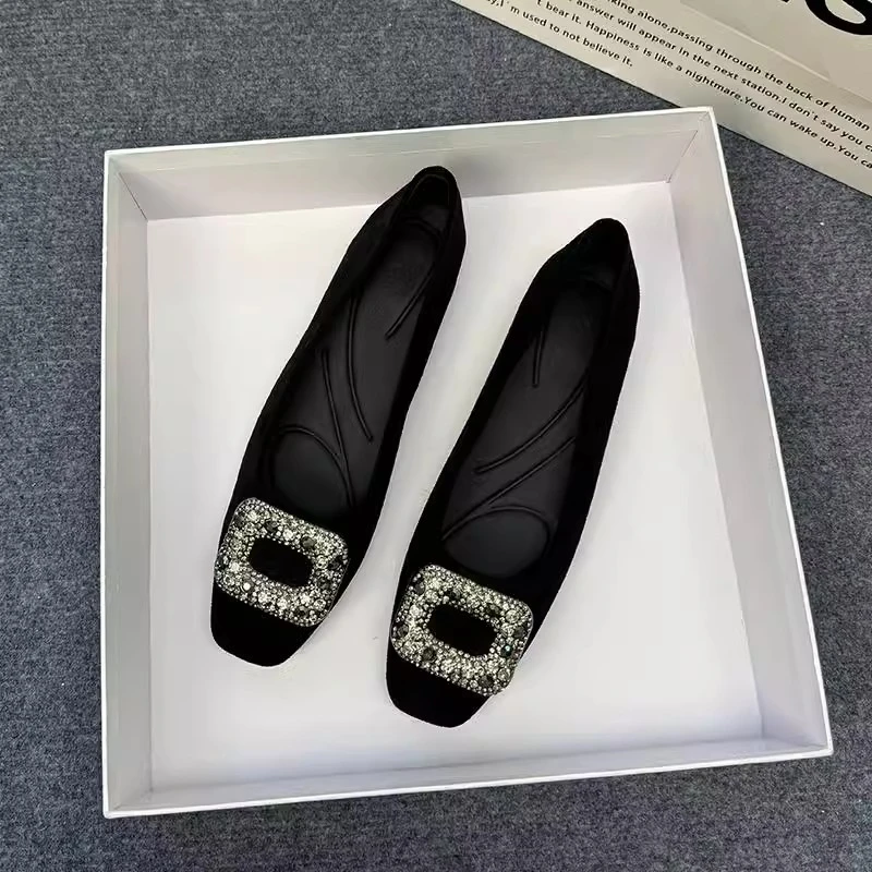 黑色方头单鞋女粗跟软底绒面新款浅口气质百搭水钻低跟通勤工作鞋