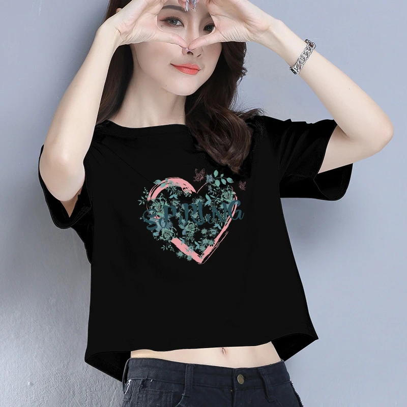 黑色短款t恤女短袖夏季露脐显瘦上衣高腰宽松体恤半袖2024年新款