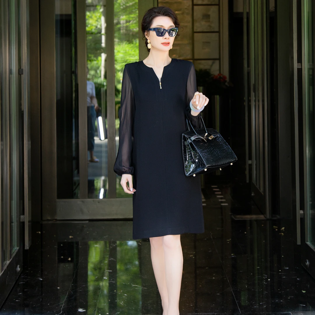 EDFNOT/杨红霞汝意HY进口三醋酸拼接乔其袖连衣裙